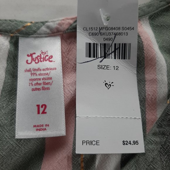 JUSTICE Girls V-Neck Short Sleeve Top Size 12 Green Pink White Gold Stripes Ring - Picture 5 of 5